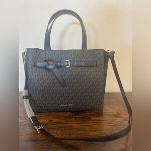 NWT Michael Kors Emilia Medium Satchel Black Logo  Silver Hardware